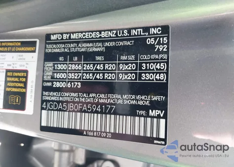 2015 Mercedes-Benz Ml 350 из США, поврежденный, VIN 4JGDA5JB0FA594177